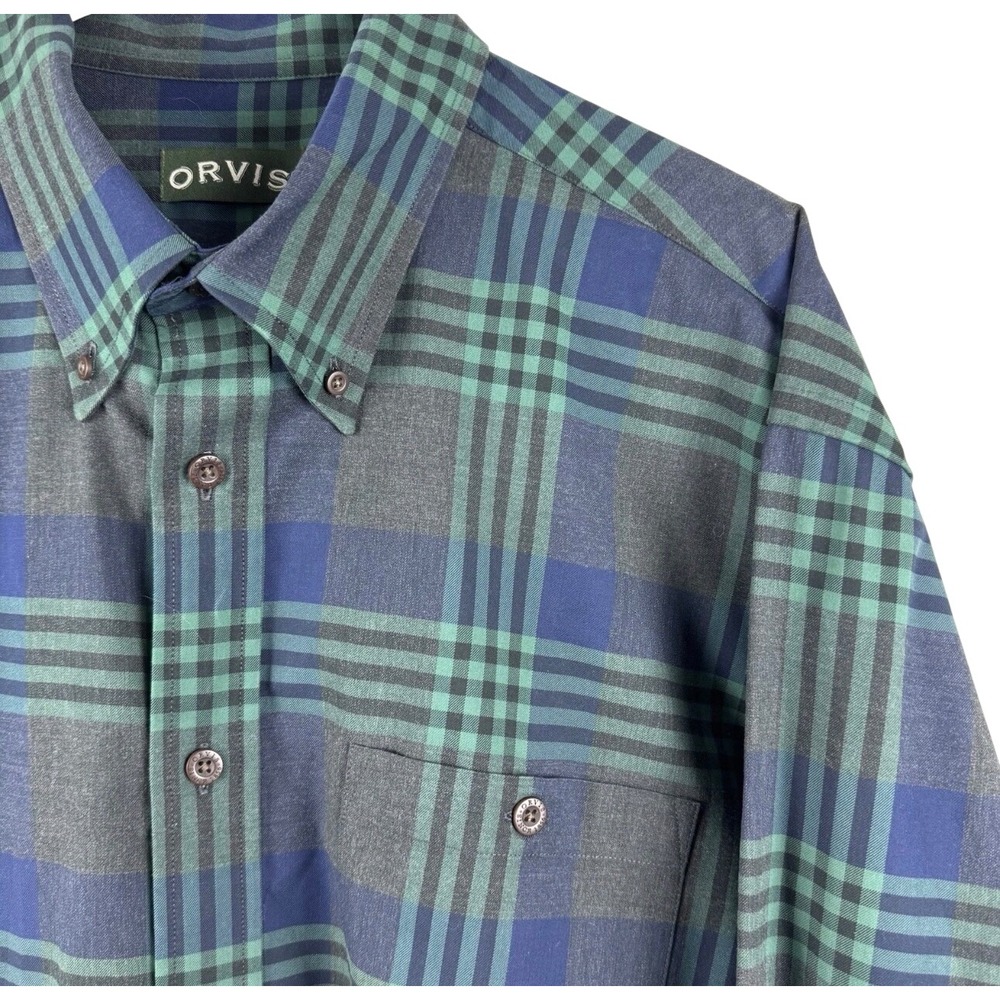 Orvis Button Down Shirt Mens XL Blue Green Plaid Cotton Long Sleeve 2CZP